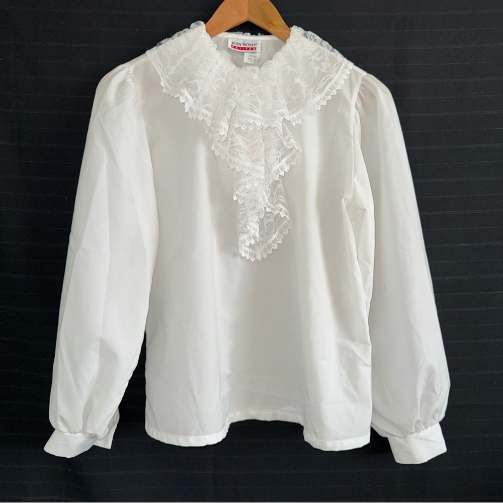 Vintage Judy Bond White Lace Collar Ruffle Long Sleeve Blouse Shirt 10 Petite
